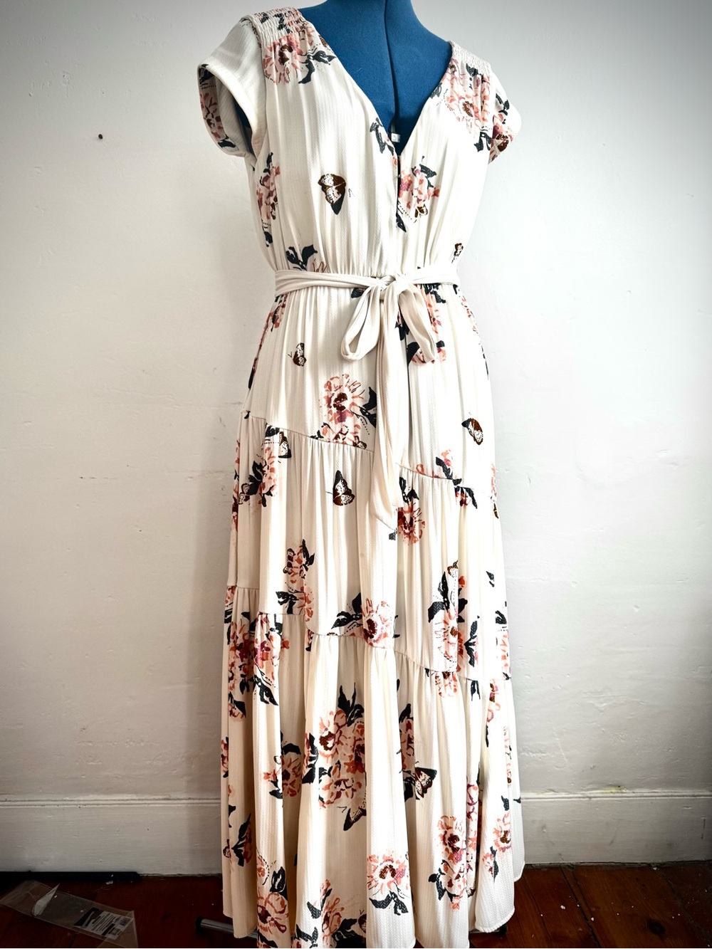 Free People Floral Cream Tiered Maxi Dress with Tie Waist